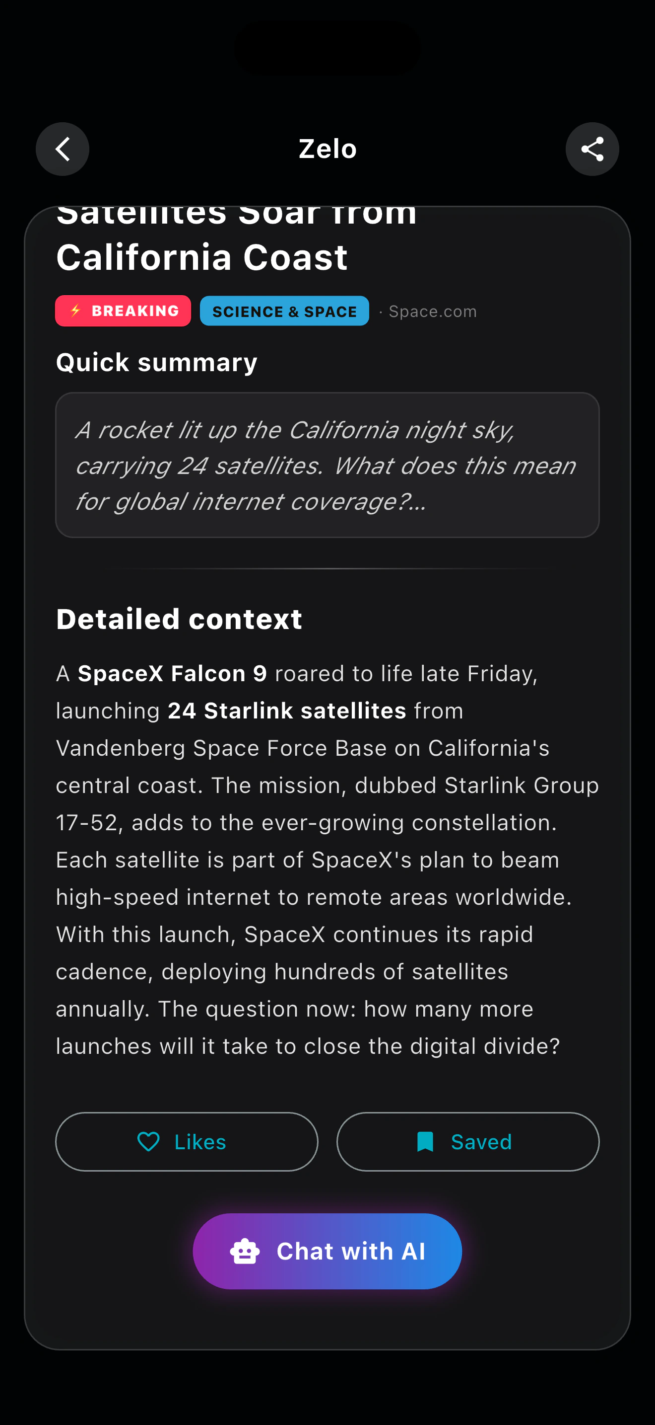 Real NewZelo article detail screen on iPhone 17 Pro Max