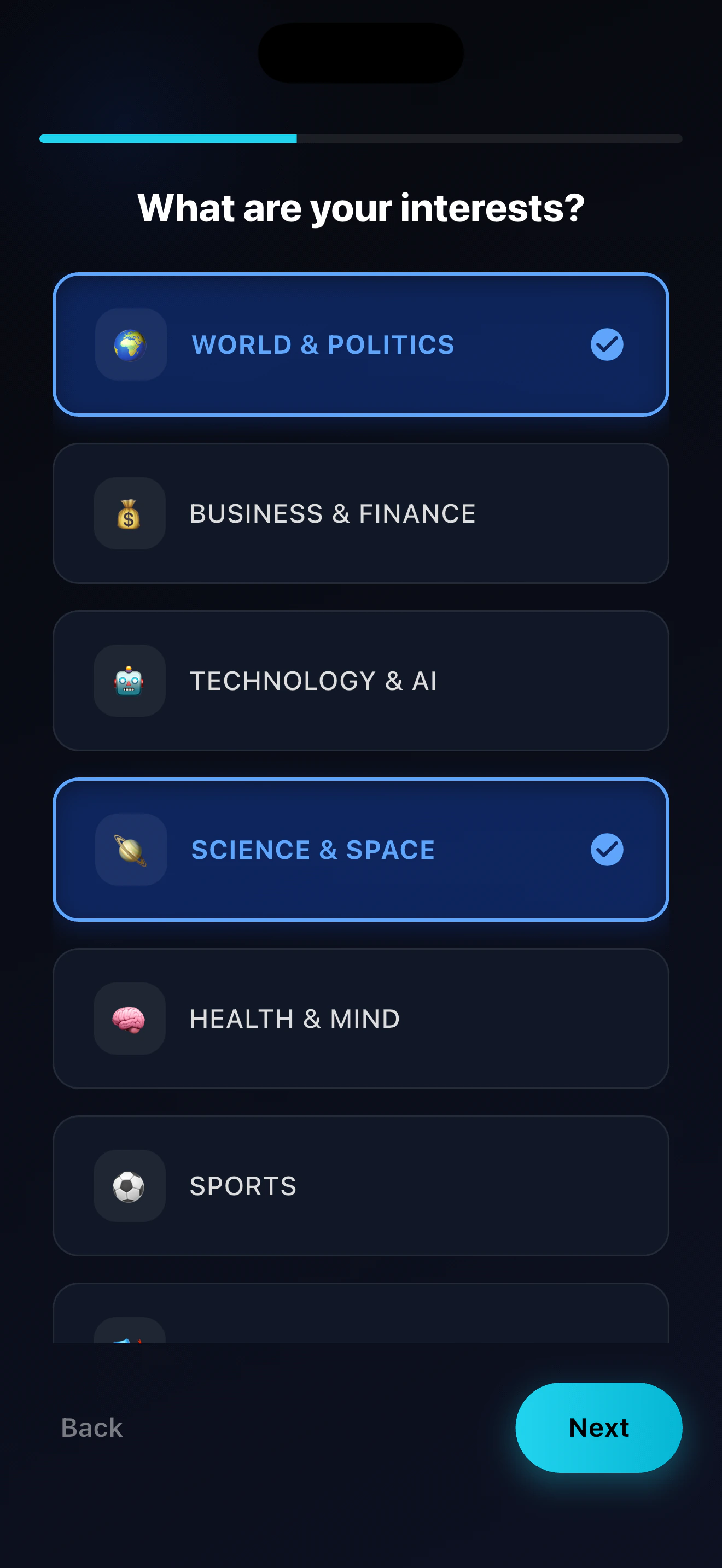 Real NewZelo interest selection screen on iPhone 17 Pro Max